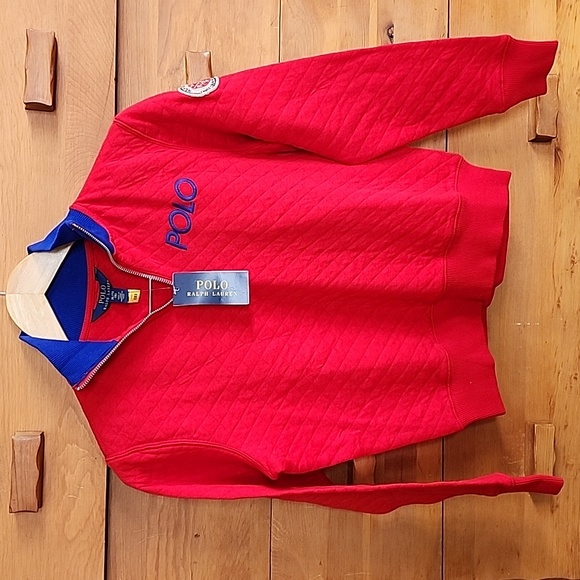 NWT Polo R.L.: Quilted & Collared 1/4 zip Sweatshirt, Red Blue, Girl's CL (16) - Picture 1 of 11